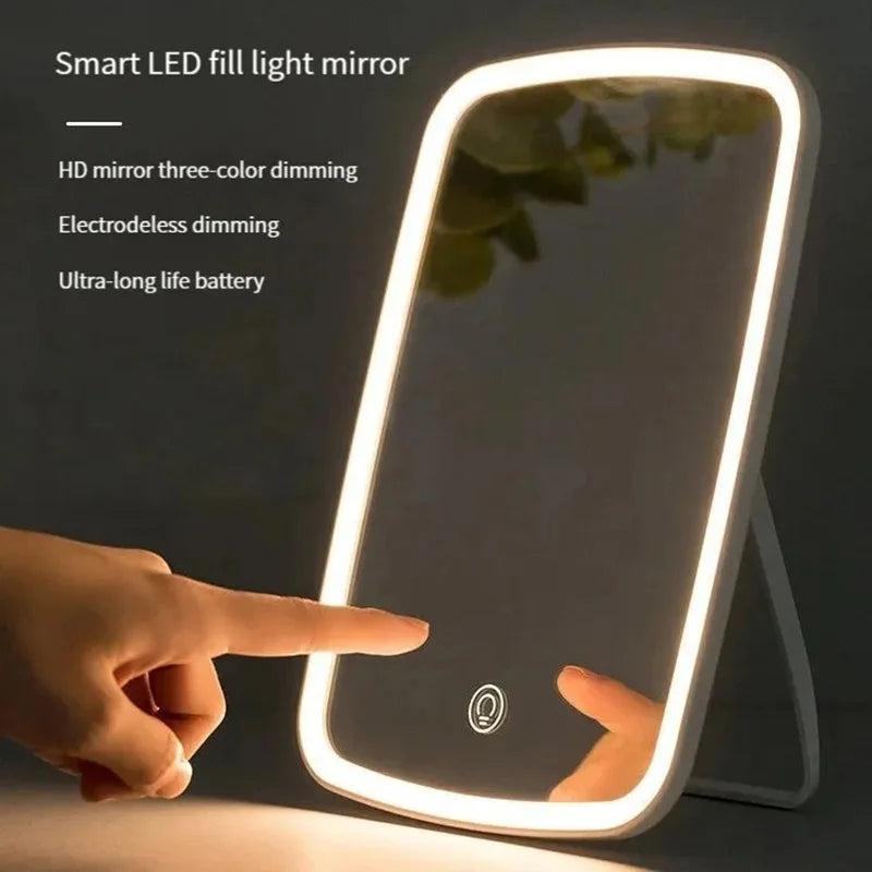 LED Makeup Mirror with Stand Desktop Folding Compact Square Travel Cosmetic Portable Lighted Vanity Mirror Touch Screen Tabletop