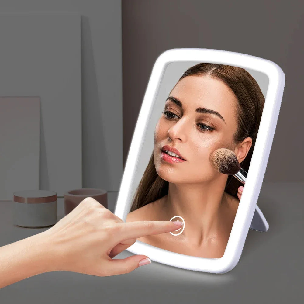 LED Makeup Mirror with Stand Desktop Folding Compact Square Travel Cosmetic Portable Lighted Vanity Mirror Touch Screen Tabletop